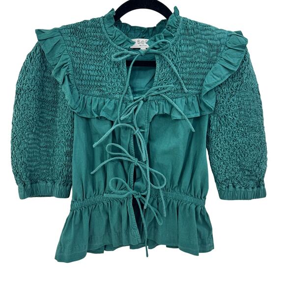 Sea New York Casey‎ Top Smocked Tie Front Puff Sleeves Ruffle Women's XXS Green - Picture 6 of 16